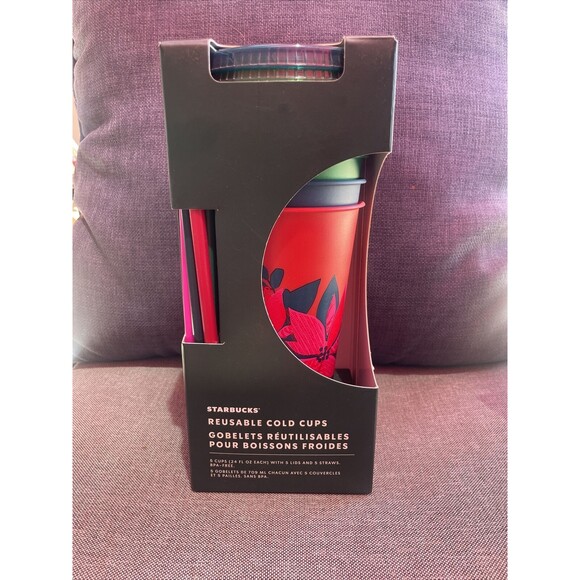 NEW STARBUCKS 2021 HOLIDAY CHRISTMAS REUSABLE COLD CUPS STRAWS LIDS SET OF 5 - Picture 1 of 4